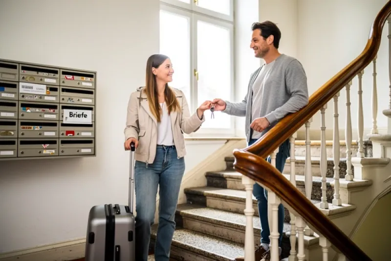 Junge Frau mit Koffer übergibt ihrem Nachbarn die Wohnungsschlüssel im Treppenhaus