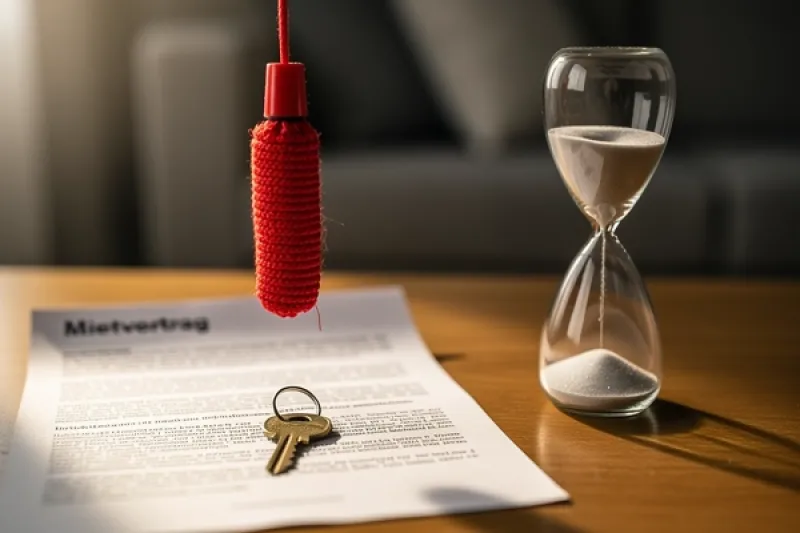 Symbolbild: Rote Reißleine mit Eieruhr und einem Mietvertrag