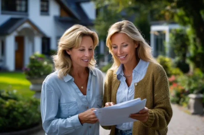 Zwei Frauen stehen vor Einfamilienhäusern und schauen sich Unterlagen an.
