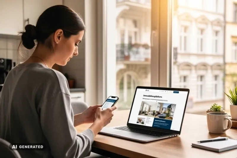 Ein junge Frau schaut sich ein Immobilienangebot auf ihren Mobilgeräten an