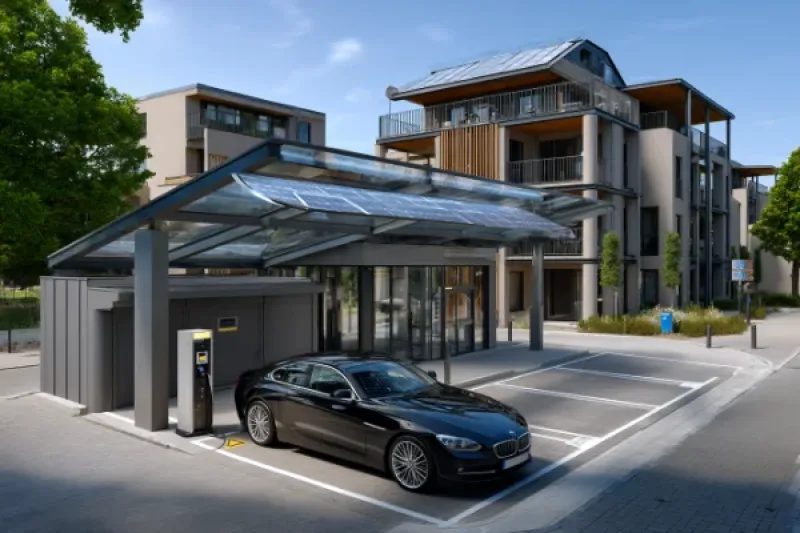 moderner Wohnkomplex, im Vordergrund ein Car-Port auf dem ein Luxuswagen steht