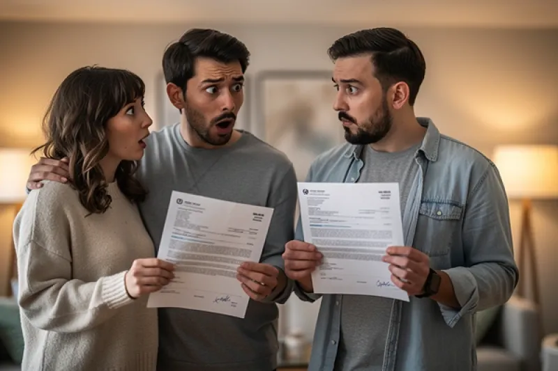 Junges Paar und ein junger Mann halten erstaunt Dokumente in der Hand