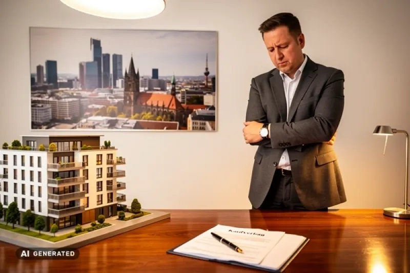 ein Immobilienmakler in Businesskleidung steht in einem deutschen Büro vor einem Kaufvertrag auf dem Schreibtisch