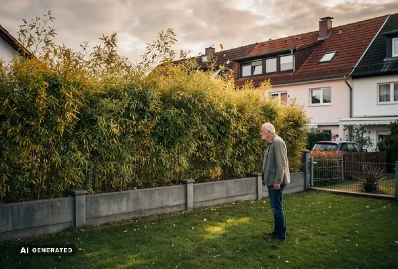 Alter Mann im Garten schaut auf eine sehr hohe Bambushecke seines Nachbarn.