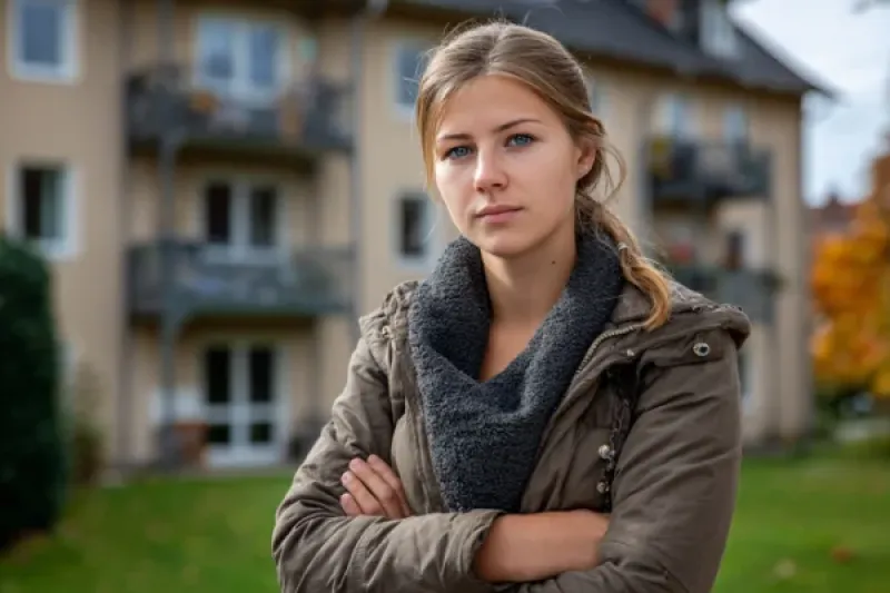 Junge Frau mit verschränkten Armen vor einem Mietshaus