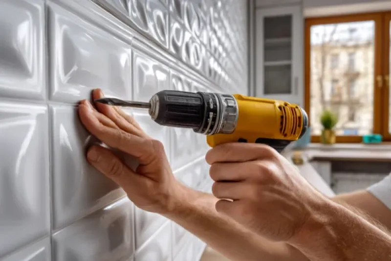 Handwerker bohrt in Bad ein Loch in eine weiße Fliese