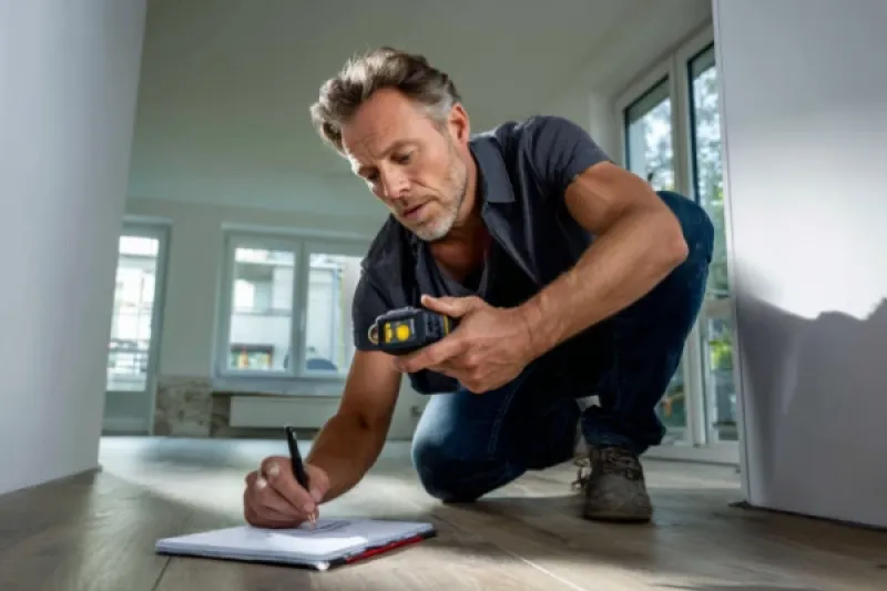 Mann misst die Größe einer Wohnung nach