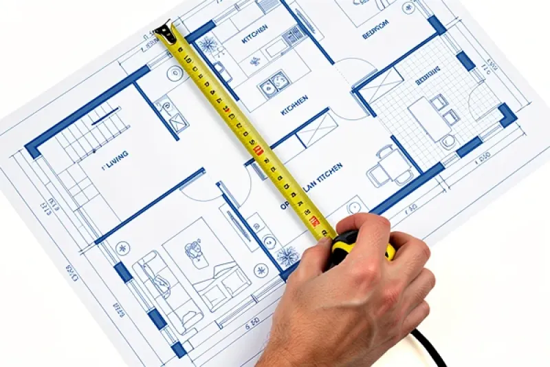 Hand mit einem Maßband auf einem Wohnungsgrundriss