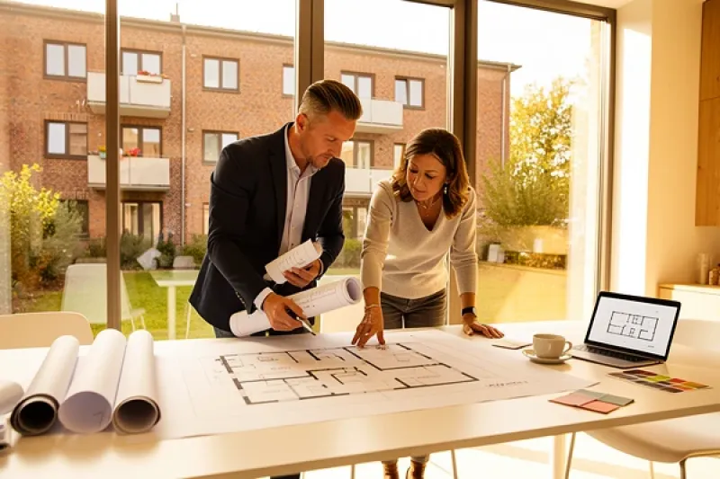 Ein Mann und eine Frau stehen in einem kleinen Büro vor Grundrissplänen