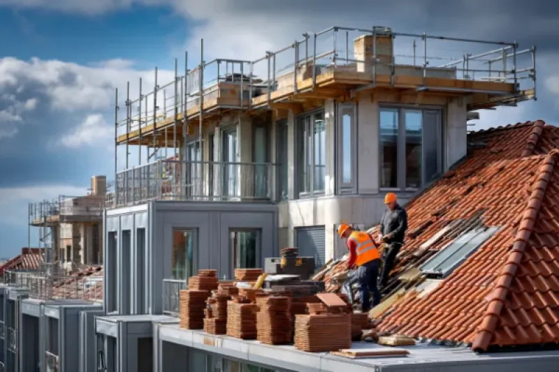 Das Dach eines Hauses wir neu eingedeckt.