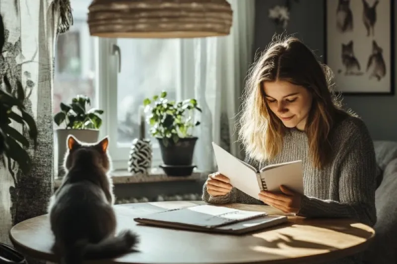 Eine Frau sitzt vor einem Buch am Küchentisch. Auf dem Küchentisch läuft eine Katze.