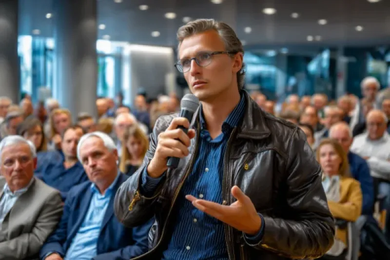 ein Mann mit Mikrofon steht vor einer Versammlung und spricht