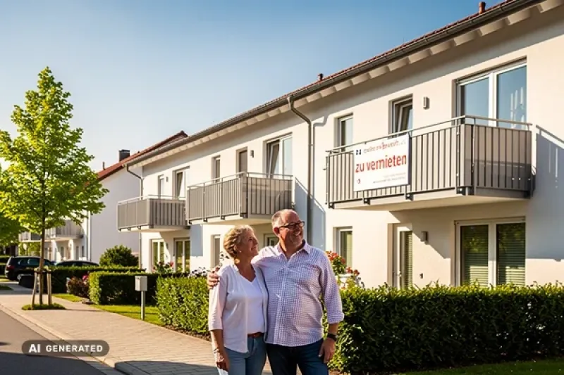 Ehepaar vor einem Mehrfamilienhaus, an einem Balkon hängt ein Vermietungsschild