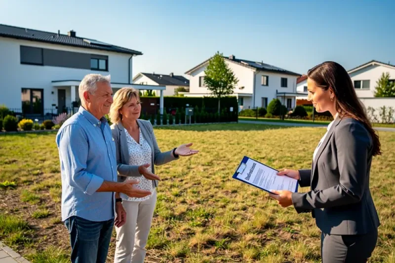 Ein Paar im mittleren Alter besichtigt mit einer Maklerin ein Baugrundstück.
