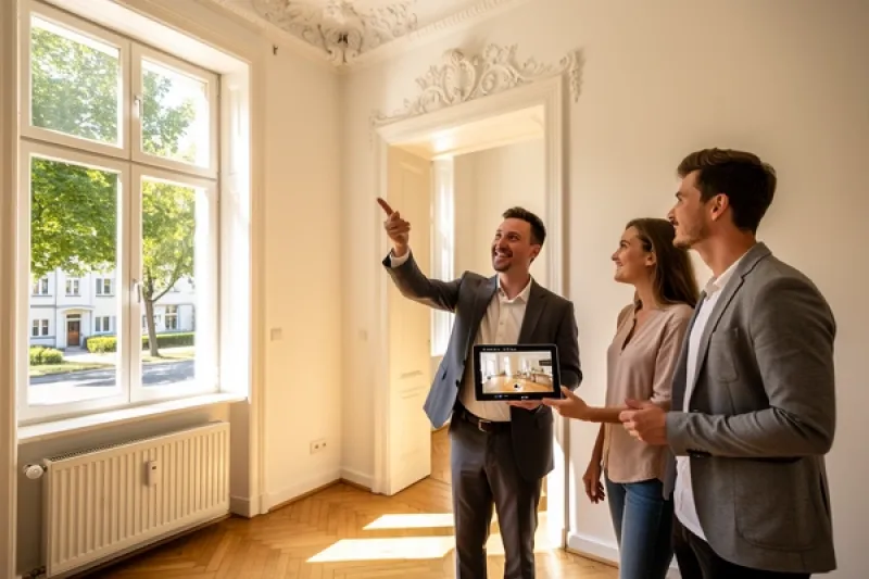 Makler zeigt einem jungen Paar eine Wohnung