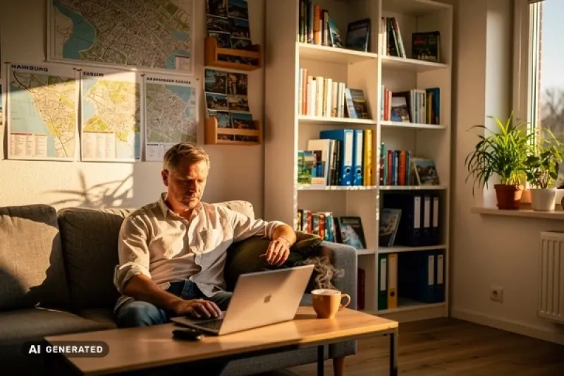 Ein junger Mann sind gemütlich auf seiner Couch vor seinem Laptop in einem kleinen Apartment