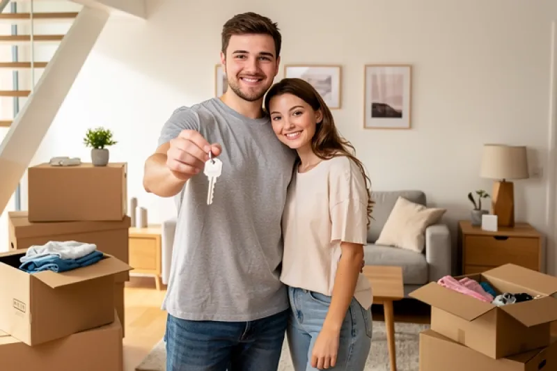 Junges Paar steht stolz mit Wohnungsschlüsseln in ihrer neuen Wohnung