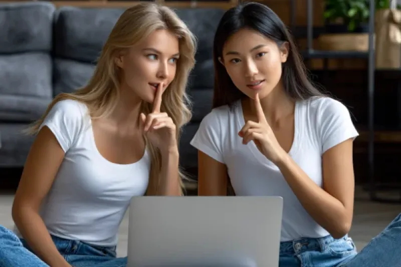 zwei junge Frauen sitzen vor einem Laptop in einem Wohnzimmer und halten die Zeigefinger vor den Mund