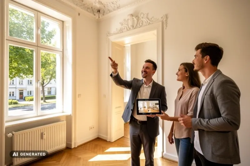Makler zeigt einem jungen Paar eine Wohnung