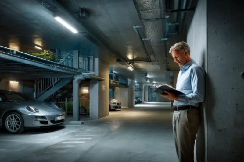 Mann steht mit Unterlagen in einer Tiefgarage
