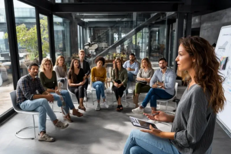 Eigentümerversammlung: Eine Gruppe von 10 Leuten sitzt und hört einer Rednerin zu, die auf einem Whiteboard etwas präsentiert