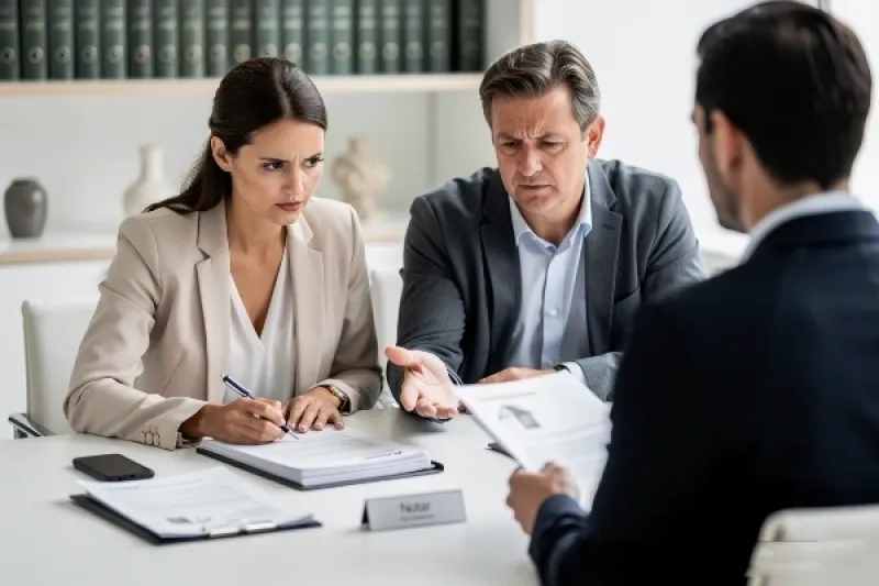 Junges Paar sitz am Schreibtische vor einen Notar und berät gemeinsame über Unterlagen