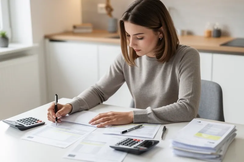 Junger Mann sitzt am Küchentisch und grübelt über Unterlagen