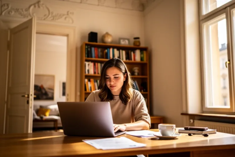 Junge Frau in ihrer Wohnung am Schreibtisch mit einem Laptop