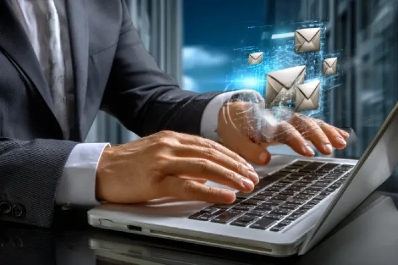 Mann im Anzug verschickt e-Mails mit seinem Laptop