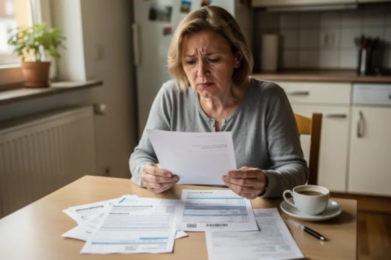 Frau sitzt am Küchentische und liest besorgt in Unterlagen