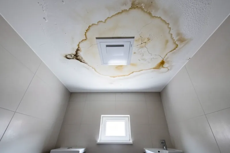 Gäste-WC mit einem Feuchtigkeitsschaden an der Decke