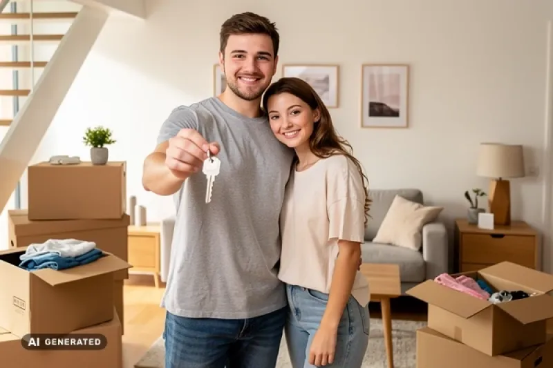 Junges Paar steht stolz mit Wohnungsschlüsseln in ihrer neuen Wohnung