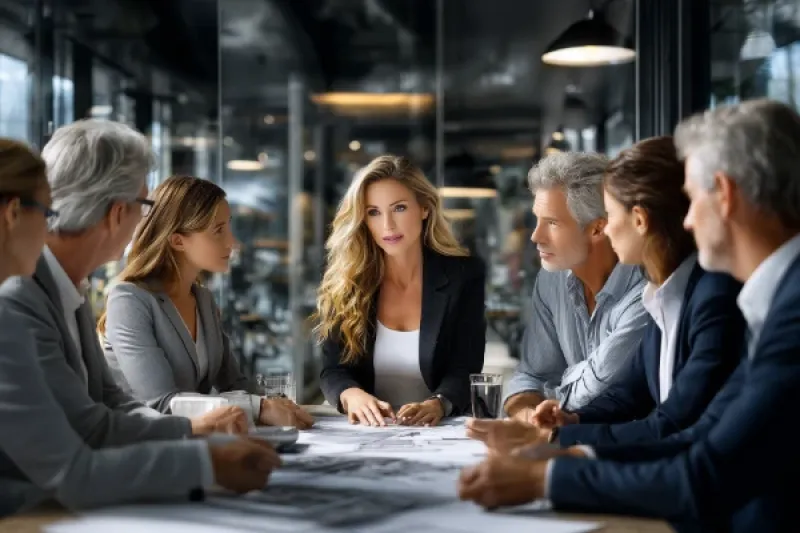 Eigentümerversammlung: eine junge Frau präsentiert Unterlagen