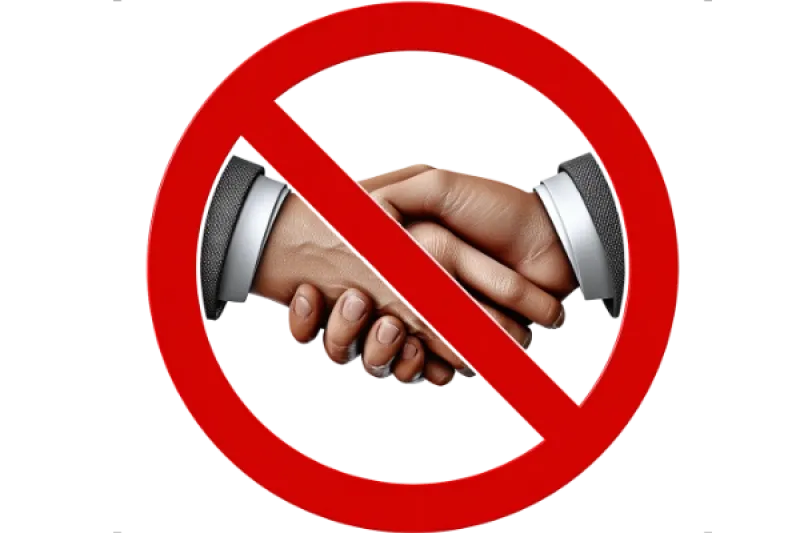 Ein Schild wie ein Verkehrsschild: Handschlag verboten