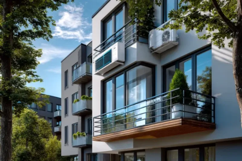 Frontansicht eines Mehrfamilienhaus mit installierten Klimasplittgeräten