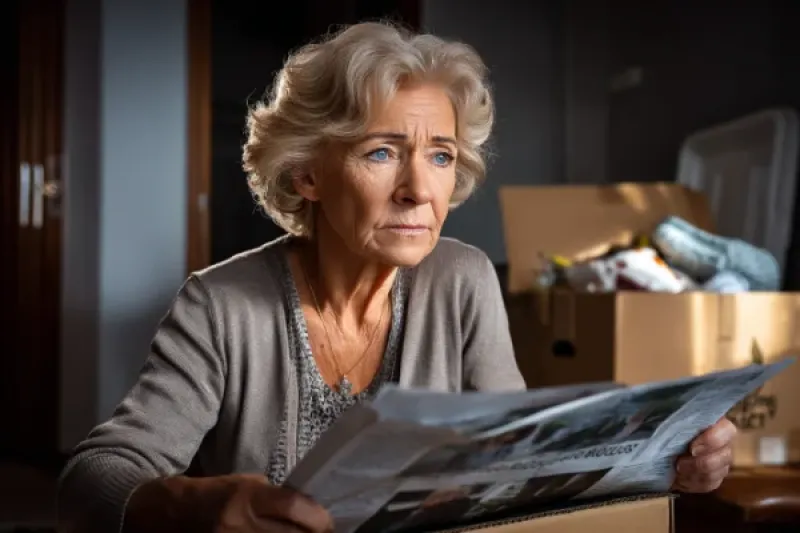 Eine ältere Dame ließt mit besorgtem Blick eine Zeitung, im Hintergrund Umzugskartons