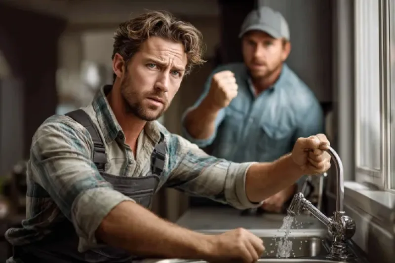 Ein Haumeister repariert einen Wasserhahn, im Hintergrund ein wütender Mieter