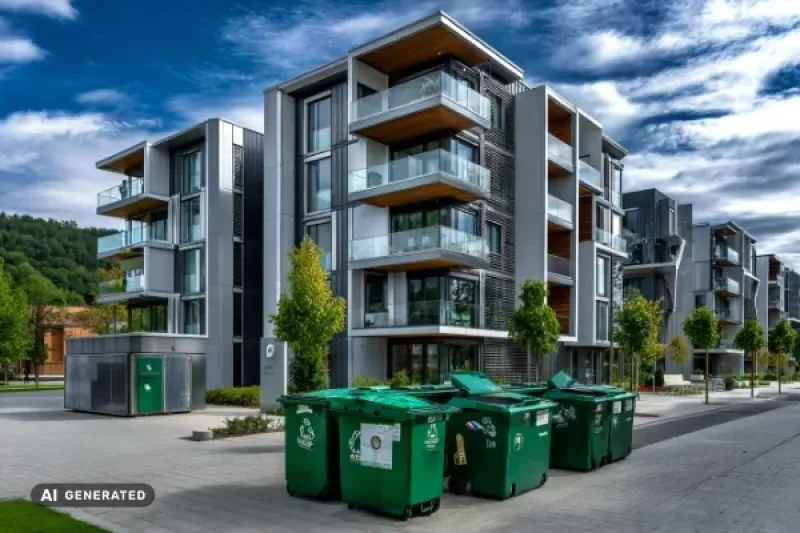 moderner Wohnkomplex, im Vordergrund Müllcontainer