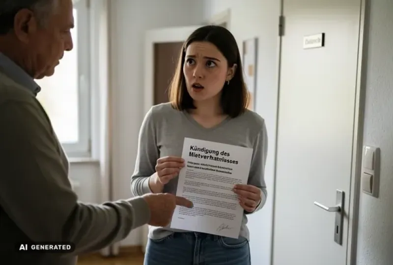 Vermieter überreicht im Hausflur eine Kündigung an eine junge Mieterin
