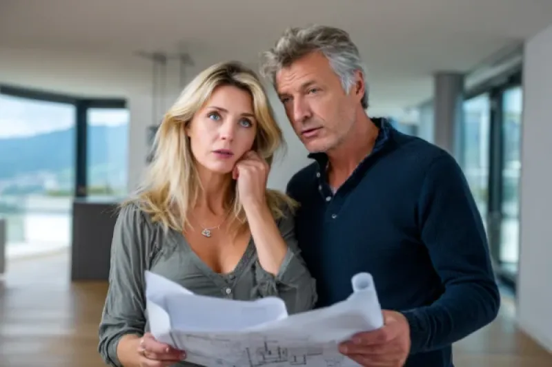 Ein Paar steht in einer leeren Wohnung mit Bauplänen in der Hand