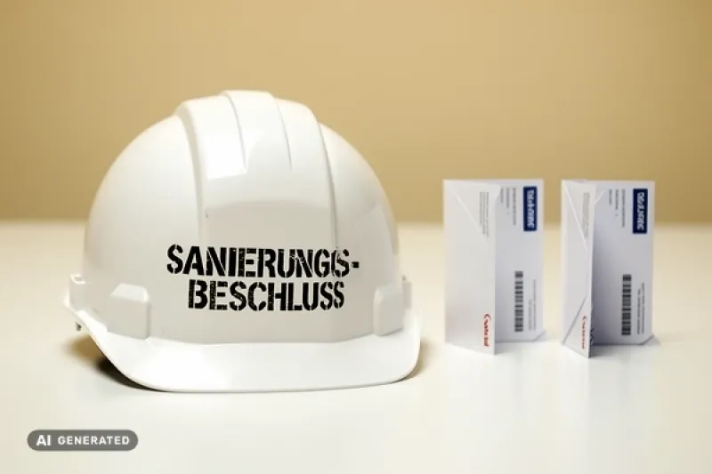 Symbolbild: weißer Bauhelm mit der Aufschrift "Sanierungsbeschluss"