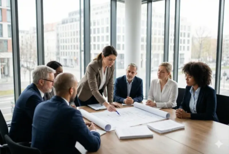 eine Eigentümergemeinschaft berät über Umbaupläne in einem Büro