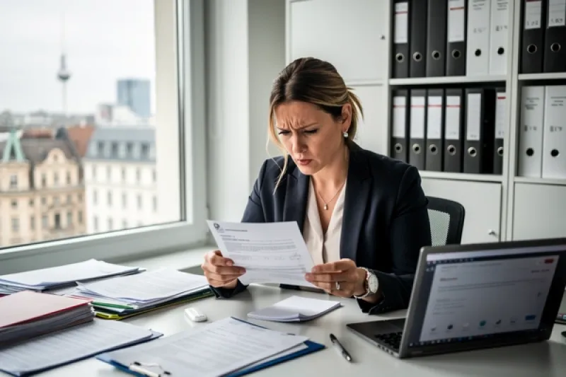 Frau sitzt besorgt an einem Schreibtisch und liest in Unterlagen