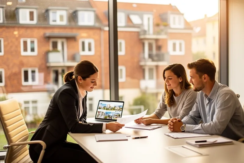 eine Maklerin klärt ein Paar über Vertragsbedingungen auf