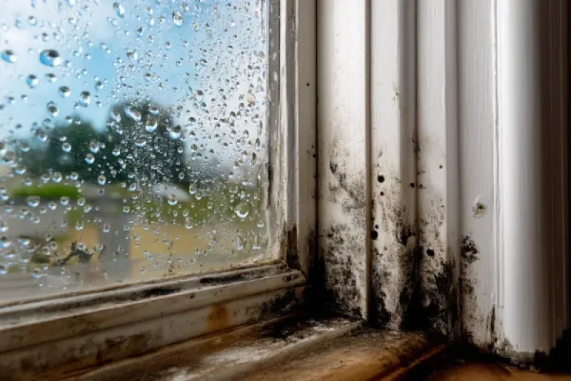 Fenster mit Schimmelbefall am Rahmen und Wänden