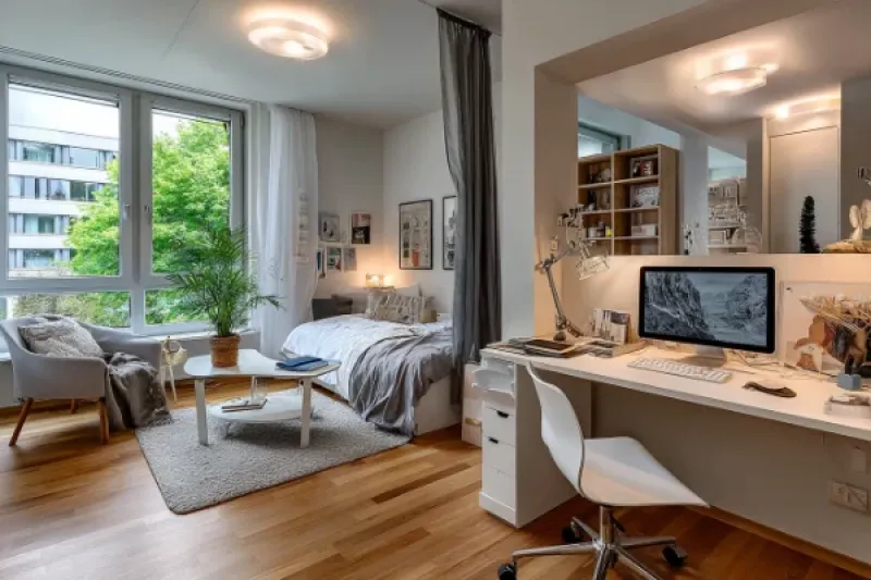 modernes Einraumapartment komplett eingerichtet mit Bett, Küche und Büroarbeitsplatz