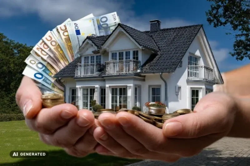 zwei Hände halten ein kleinen Modellhaus eingerahmt mit Geldscheinen