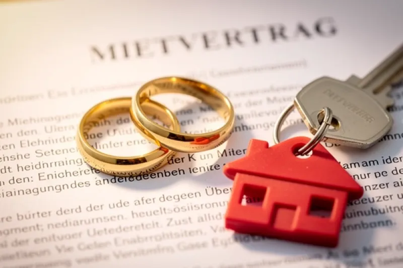 Zwei goldene Eheringe liegen auf einem aufgeschlagenen Mietvertragsdokument