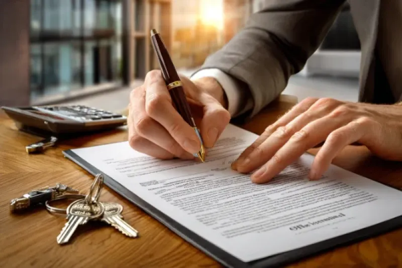 Auf einem Holztische liegen Vertragsunterlagen, die gerade von einem Mann unterschrieben werden. Schlüssel liegen daneben.