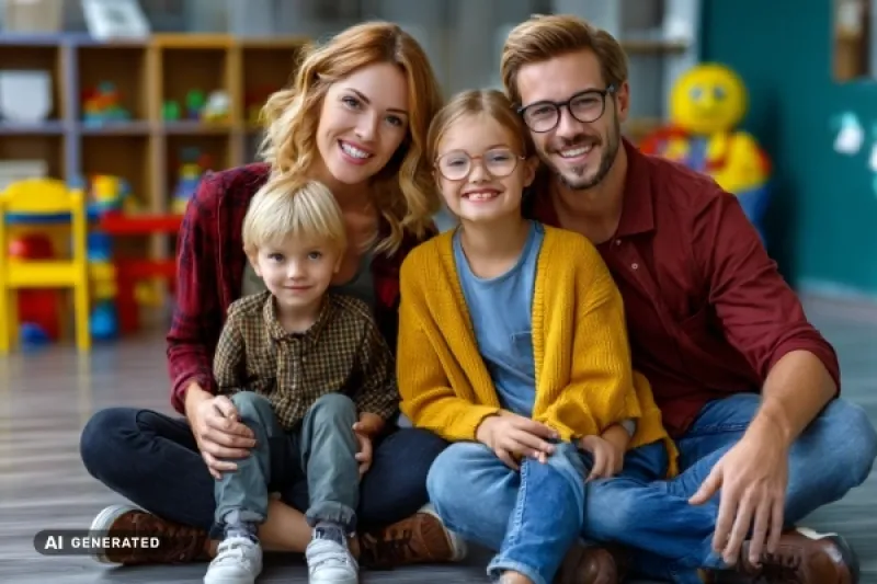 Junge Familien, Eltern mit einem Mädchen und einem Jungen sitzen gemeinsam in einem Spielzimmer